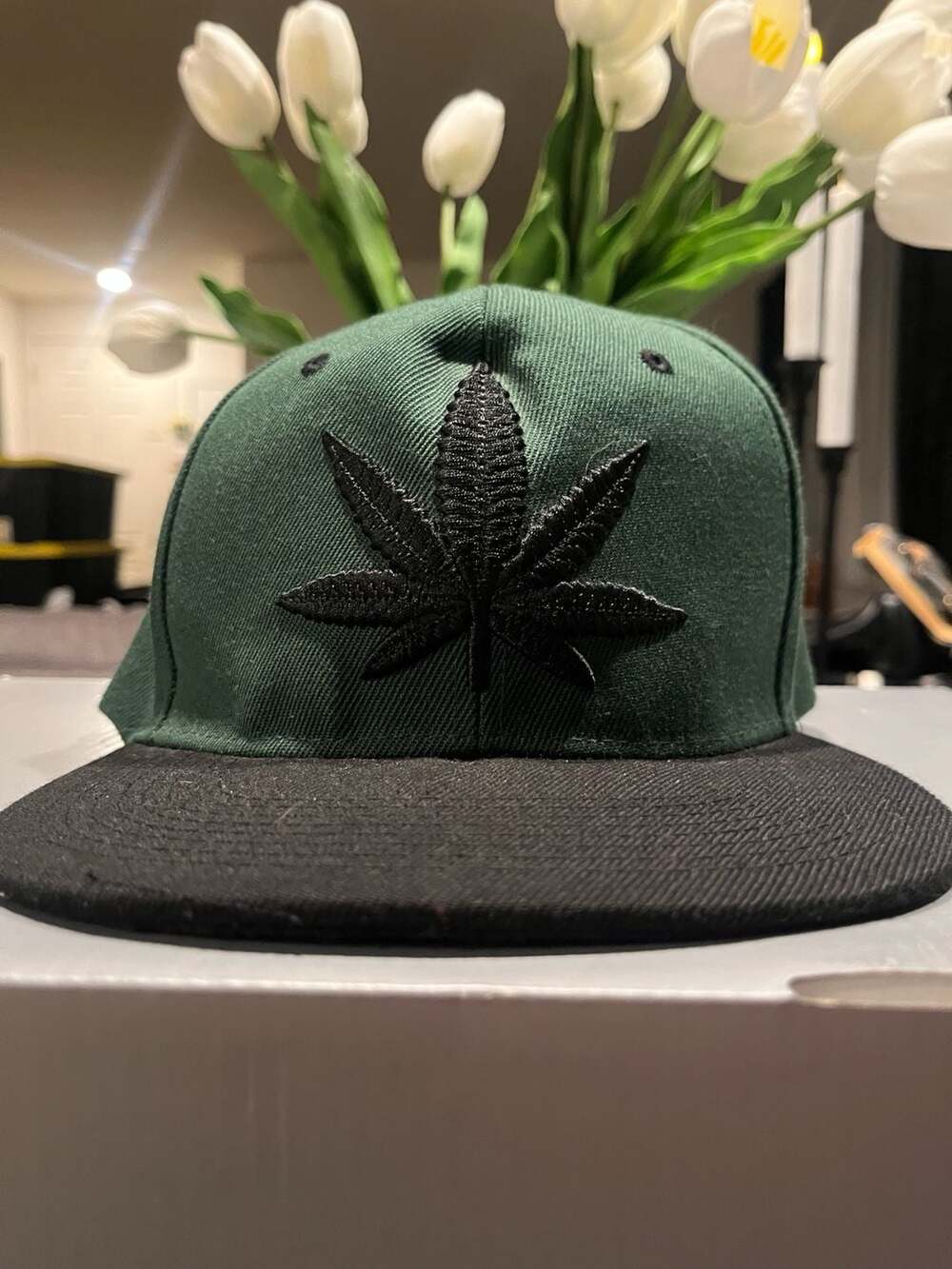 Headlines Embroidered Marijuana Leaf Green and Black Two-Tone Snapback Hat
